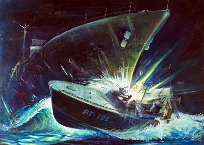 EchoesofWarYT's tweet photo. On the black, moonless night of August 2, 1943, a Japanese destroyer came out of the dark at forty knots and cut a small American torpedo boat clean in half. Most of the story you might know ends there. The real story, the part that reveals the man, is the five days that came after, and the twenty six year old lieutenant at the center of it was named John F. Kennedy.

First, how it happened, because it was a mess. That night fifteen American PT boats had been sent into the Blackett Strait in the Solomon Islands to ambush the Tokyo Express, the Japanese convoys running troops and supplies down the slot. It went badly. The boats were poorly coordinated, radio discipline was weak, and they fired around thirty torpedoes in the confusion without scoring a single hit. As the action fizzled, Kennedy's boat, PT-109, was idling quietly on one engine to keep her wake and noise down, drifting in the dark strait.

That caution may have doomed her. On one engine she was slow and hard to maneuver. Out of the blackness the Japanese destroyer Amagiri suddenly loomed up, bearing straight down on the little boat. There was almost no time to react. The destroyer rammed PT-109 at full speed and sheared her in two, and her aviation fuel ignited, throwing burning gasoline across the water. Two of the crew, Andrew Kirksey and Harold Marney, were killed instantly. The eleven others were flung into the sea, some swimming through flames, one of them, engineer Patrick McMahon, horribly burned over much of his body.

The survivors dragged themselves back to the floating front half of the hull and clung to it through the rest of the night, hoping the other PT boats would come back for them. None did. Everyone had assumed PT-109 was simply gone, all hands lost. Nobody was coming.

By the next day the wrecked bow was slowly rolling over and would not float much longer. Kennedy made the decision to abandon it and swim for a distant scrap of an island, a tiny uninhabited dot small enough that the Japanese were unlikely to be on it, but it was around three and a half miles away across open water. And they had a badly burned man who could not swim.

This is the part that became legend, and unlike a lot of war legends, it is true and well documented. Kennedy, who had a genuinely bad back and had been thrown hard in the collision, took the long strap of McMahon's life jacket, clamped it between his teeth, and swam breaststroke for hours, towing the wounded man behind him the entire way. The other men kicked along beside a wooden plank from the wreck. It took the group four or five grueling hours in the water. Kennedy never let go of that strap.

They reached the island, later nicknamed Kennedy Island, exhausted and with nothing. No food, no fresh water, just a few coconuts. And Kennedy did not sit and wait to be found. Nearly every night he swam back out alone into Ferguson Passage, into the very waters where enemy ships moved, holding a lantern, trying to flag down a passing American PT boat. Night after night, nothing came, and he swam back to the island half dead with fatigue, at one point swept off course by the current and barely making it back.

They eventually moved to other small islands, Olasana and then Naru, searching for food and a way out. On Naru they found a small Japanese supply crate, some hard candy inside, and a one man dugout canoe. And then came the human turning point. Two Solomon Islander scouts, Biuku Gasa and Eroni Kumana, working secretly for the Allies, came paddling by in a canoe and found the ragged castaways. Their help would save the whole crew.

There was no paper to send a message. So Kennedy picked up a coconut, and with a knife he scratched words into the husk. It read, in the clipped shorthand of a desperate man, Nauro Island, native knows position, he can pilot, eleven alive, need small boat, Kennedy. He handed that coconut to Gasa and Kumana, and the two scouts paddled roughly forty miles through Japanese controlled waters to carry it to an Australian coastwatcher hiding in the jungle, Lieutenant Reginald Evans.

The message got through. Arrangements were made, the scouts guided rescuers back, and on August 8, six days after the destroyer split their boat in two, Kennedy and his ten surviving men were finally pulled out. Kennedy had brought all of them home except the two killed in the first instant of the collision.

He received the Navy and Marine Corps Medal for his heroism and a Purple Heart for his injuries, and the whole saga made him famous. Years later, with the dry humor that people loved in him, he was asked how he became a war hero. He answered, it was easy, they sank my boat.

But he clearly knew it was more than that. When John F. Kennedy became President of the United States, that scratched coconut shell, the one that carried eleven men's lives to safety, sat encased in plastic on his desk in the Oval Office. Of all the objects a president could keep in front of him, he chose the reminder of the night his command was destroyed and the days he spent refusing to lose anyone else.