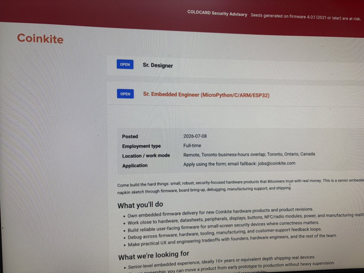 thebigaston's tweet photo. I have no dev experience at all. Didn’t study computer science. Proficient with AI vibe coding. Think I fit the build just fine. When do I start? @COLDCARDwallet https://t.co/zRdE8xxYCY