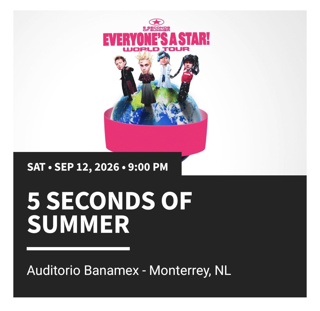 nat_nblaa's tweet photo. 🎟️ SE VENDE BOLETO 5SOS EN MTY
📍 Auditorio Banamex — Sábado 12 Sep 2026, 9:00 PM
🪑 Sec. PERFD8 / Fila O / Asiento 25
💸 Lo doy más barato de lo que me costó — PRECIO A TRATAR.
DM si te interesa 📩 https://t.co/zYnnq8hwGL
