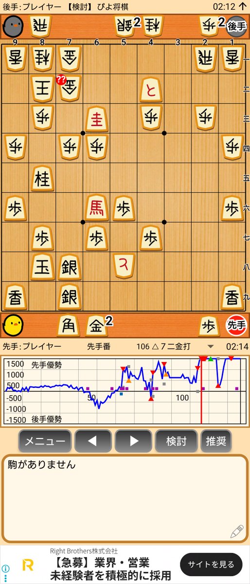 xxBOIPxx's tweet photo. 昨日は三田のレディース将棋大会に出てきました。来週の昇竜杯運営に気合をいれるために…？冨田先生の指導対局含めてたくさん対局できて楽しかったです…！
久々の局面…詰みそうかなって思ってたけど右から打つか左から打つか角から打つか金から打つか意外と頭がこんがらがって…。有段者には簡単？ https://t.co/XUkBrDVqXf
