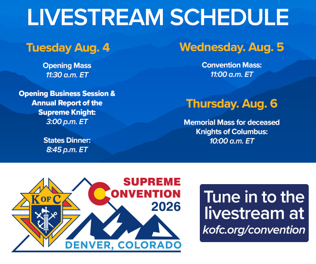 KofC's tweet photo. The 144th Supreme Convention of the Knights of Columbus is almost here, and you can be part of it no matter where you are.

From Aug. 4–6, thousands of Knights will gather in Denver for days of prayer, fraternity, and leadership as the Order celebrates its mission, conducts its business, recognizes outstanding councils and members, and looks ahead to the future.

Can’t join us in person? Follow the convention online.

Visit https://t.co/0Tff3Gcuw8 to watch livestreams of the Opening Mass, the Supreme Knight’s Annual Report, the Awards Session, the Memorial Mass, and other key moments throughout the convention.

We’ll also be sharing photos, videos, interviews, and behind-the-scenes highlights all week long across our social channels. We hope you’ll join us!

#KnightsCon2026