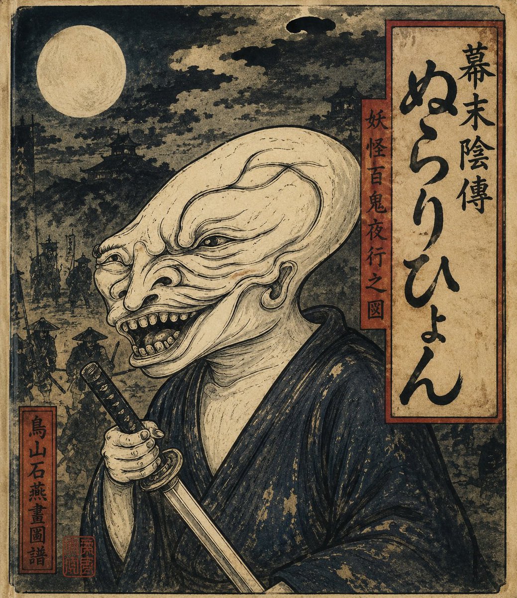 katuragi999's tweet photo. 【宣伝】

魔が人に憑くのか
人が妖に堕ちるのか

陰陽混じり因果が蕩け、心の闇に鬼が生じる…

「幕末陰傳　ぬらりひょん」

万荒事屋・葛城柔志狼の荒祓い、とくとご覧あれ

 #アルファポリス 

https://t.co/0Die77yKf5 https://t.co/SVflppZUum