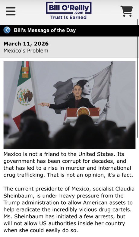 SimonLevyMx's tweet photo. President @realDonaldTrump quoted @BillOReilly, who wrote:

“The United States is not a friend of Mexico, and the socialist Sheinbaum is facing increasing pressure from President Trump.”

That is why he left her on her own at the World Cup final.

That is why she has not been invited to the White House.