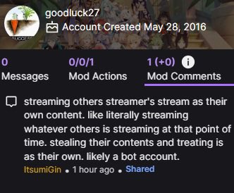 rora_VT's tweet photo. Found out someone was streaming my stream last night as I was live as their content and when they were blocked from my channel they just moved on to another VTuber’s current livestream.

I urge everyone to report and ban this person from their channels.
This is concerning and very uncalled for behavior.
And the fact that after they were banned, they still kept streaming and just moved on to another creator?
That’s sickens me how u can do that.

Thank you to the people that reached out to my moderators for this. I’m truly grateful for the warning. 

Their username on twitch is below.
Please mass report so they can be stopped.

Share this please. Other Vtubers need to know.