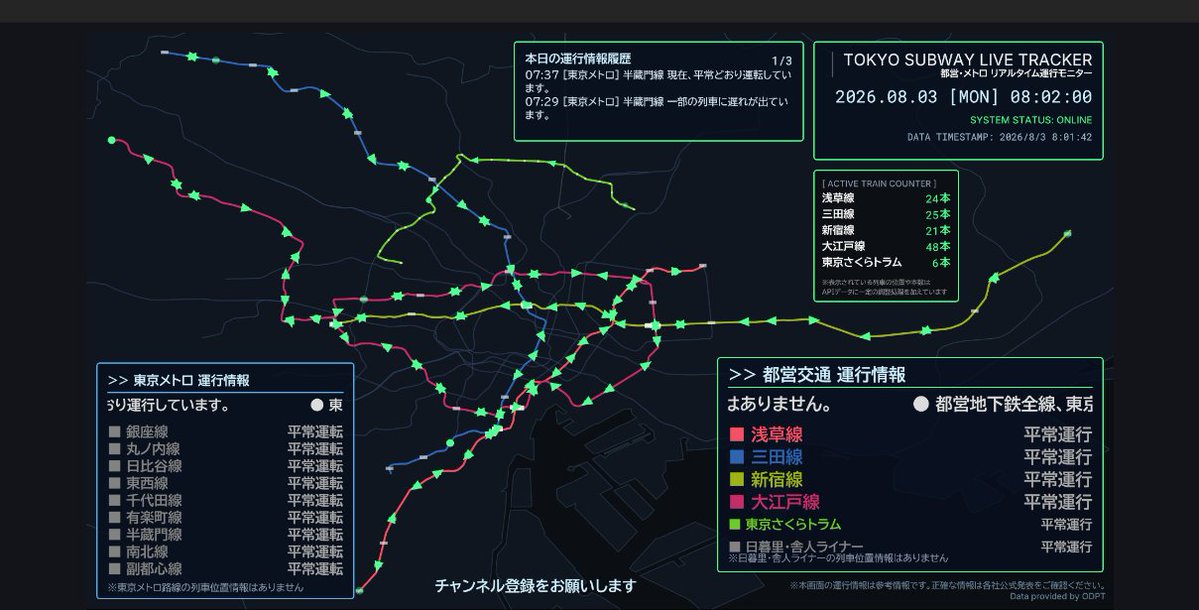 TokyoSubwayLive's tweet photo. 【8/3 朝の運行状況】

おはようございます、通勤・通学お気をつけていってらっしゃいませ。

現在運行状況はYouTubeライブ配信で確認できます↓
https://t.co/zFFUBThRhF

現在、すべての路線が概ね平常通り運転しています🍀
スムーズな移動ができそうです！

#東京メトロ #都営地下鉄 #運行情報 #遅延情報 #地下鉄 #鉄道