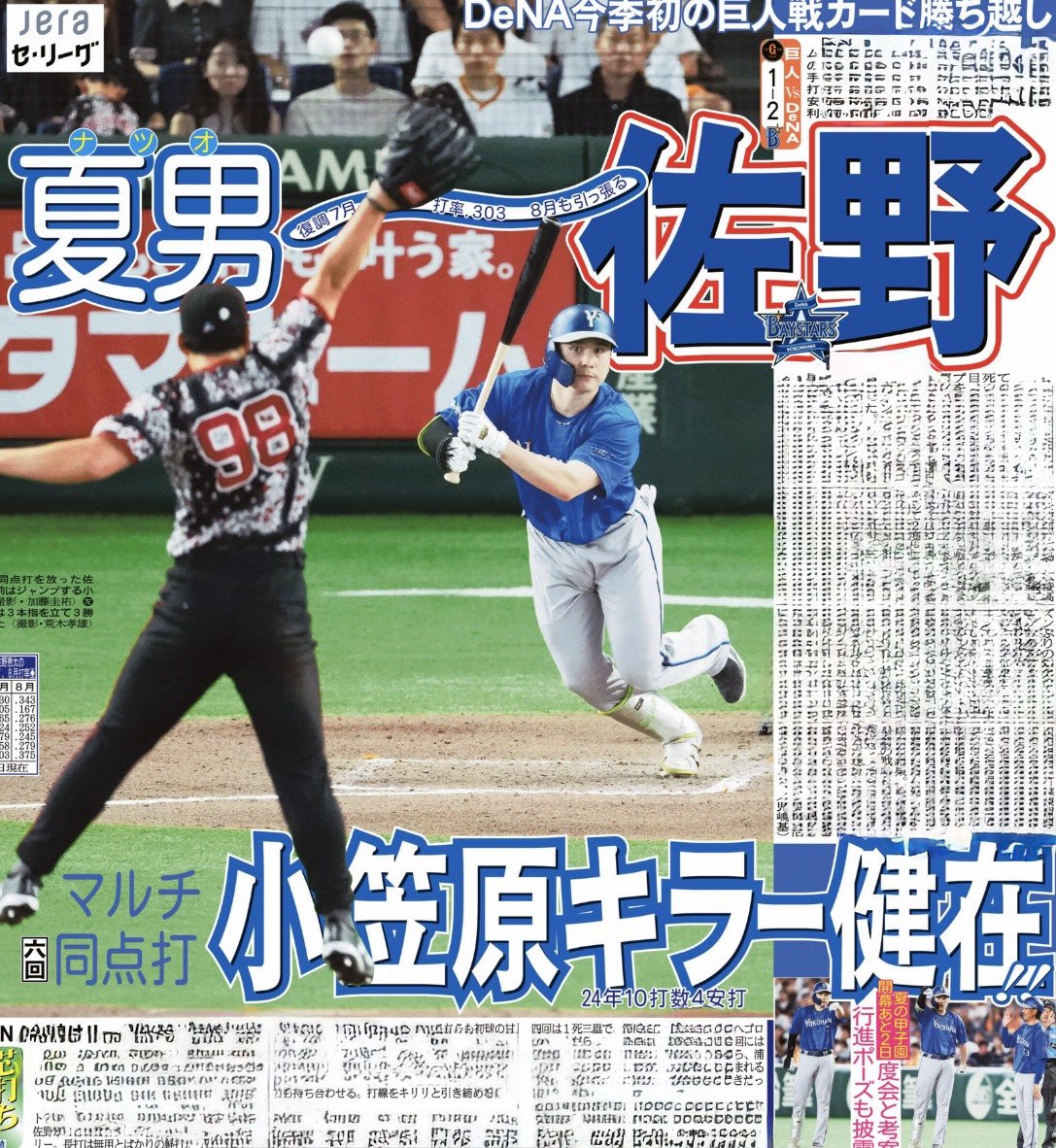 sanspo_baystars's tweet photo. 【3日の紙面】

カード勝ち越しのベイスターズを3面で！

夏場に強いぞ！#佐野恵太 選手が同点打！

夏の風物詩にあやかったセレブレーション誕生の裏側とは？

#深沢鳳介 選手はプロ初勝利から3戦3勝！
#レイノルズ 選手は160キロ連発！

詳細はぜひ紙面をご覧ください！

#baystars #サンスポ https://t.co/higrzlb725