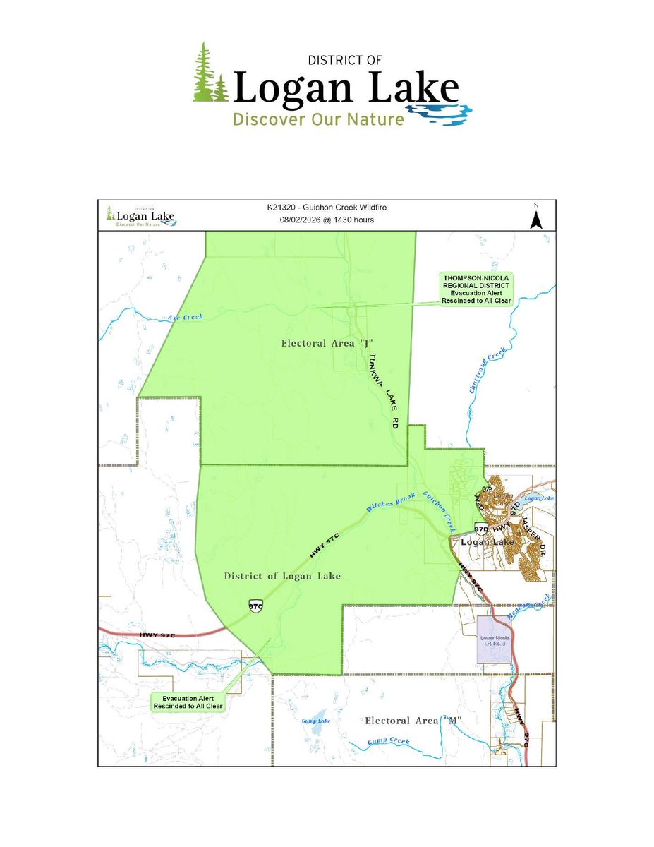 EmergencyInfoBC's tweet photo. The District of Logan Lake has rescinded an Evacuation Alert issued due to the Guichon Creek (K21320) #BCWildfire. This all-clear notice affects approximately 50 addressed properties within the acreages area of the District of Logan Lake. More info: https://t.co/ruYvw8FQtd #BC https://t.co/iRL64uIOVS