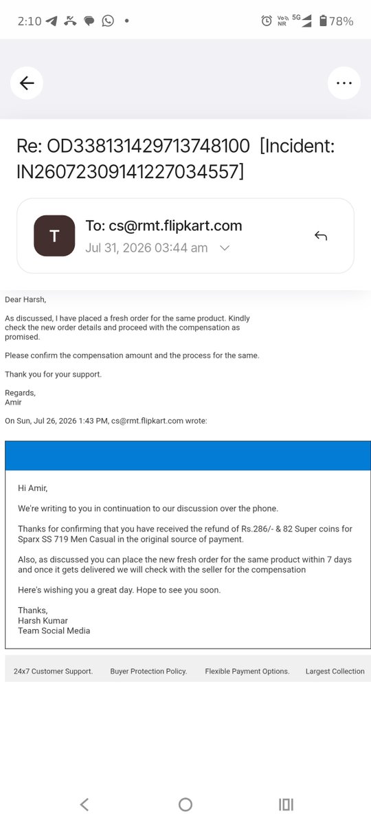 A4290452's tweet photo. @flipkartsupport @Flipkart I placed the fresh order as discussed and fulfilled your condition for compensation. Please check the new order details and process the promised compensation. Kindly confirm the compensation amount and timeline. This has already taken too much time. https://t.co/8QCilCWnNb