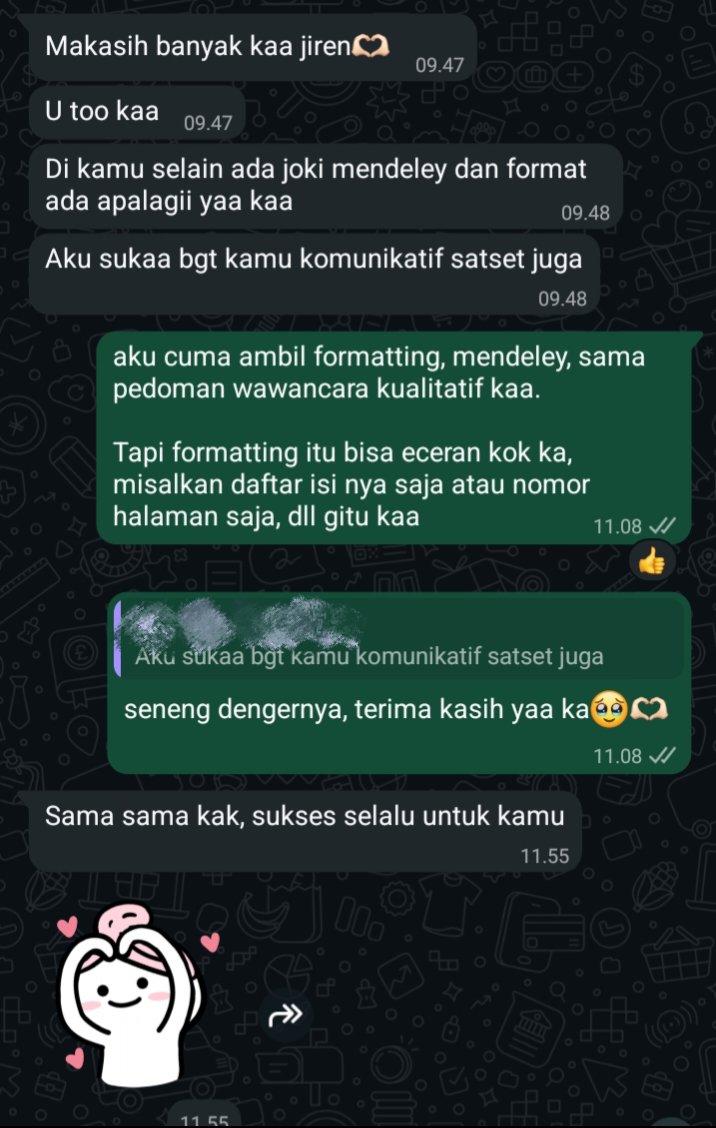 rennnreal's tweet photo. seneng banget dapet respon begini🥹 terima kasih banyak atas kepercayaannya

btw jadi kangen mendeley, soalnya seminggu terakhir bener-bener didominasi sama formatting skripsi, tesis maupun tugas akhir lainnya. 
Aku masih open terus yaa
#jokitugas #zonauang https://t.co/g49BMzu56S