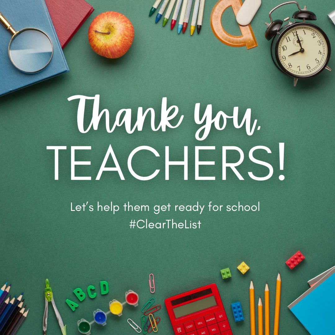 RipGriffinDM's tweet photo. It’s that time of year again where teachers are heading back to the classroom! Help them #ClearTheList. Sharing and getting their list seen helps tremendously! 

Thank you teachers for all that you do for our children! https://t.co/UywBGxiXEu