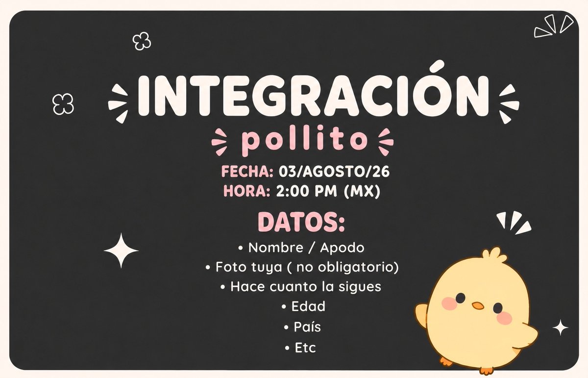 anyx_gg's tweet photo. ¡Hola pollitos! 🐥🤍
Mañana tendremos una nueva Integración para conocernos un poco mejor entre todos y darles una bienvenida a las personas que se han unido recientemente a la comunidad.

🦦 Hashtag: #IntegracionPollitos
🕑 Hora: 2:00 PM (MX)

¡Esperamos que puedan participar! 
Y si pueden, denle RT para que llegue a más pollitos. 🤞🏻
