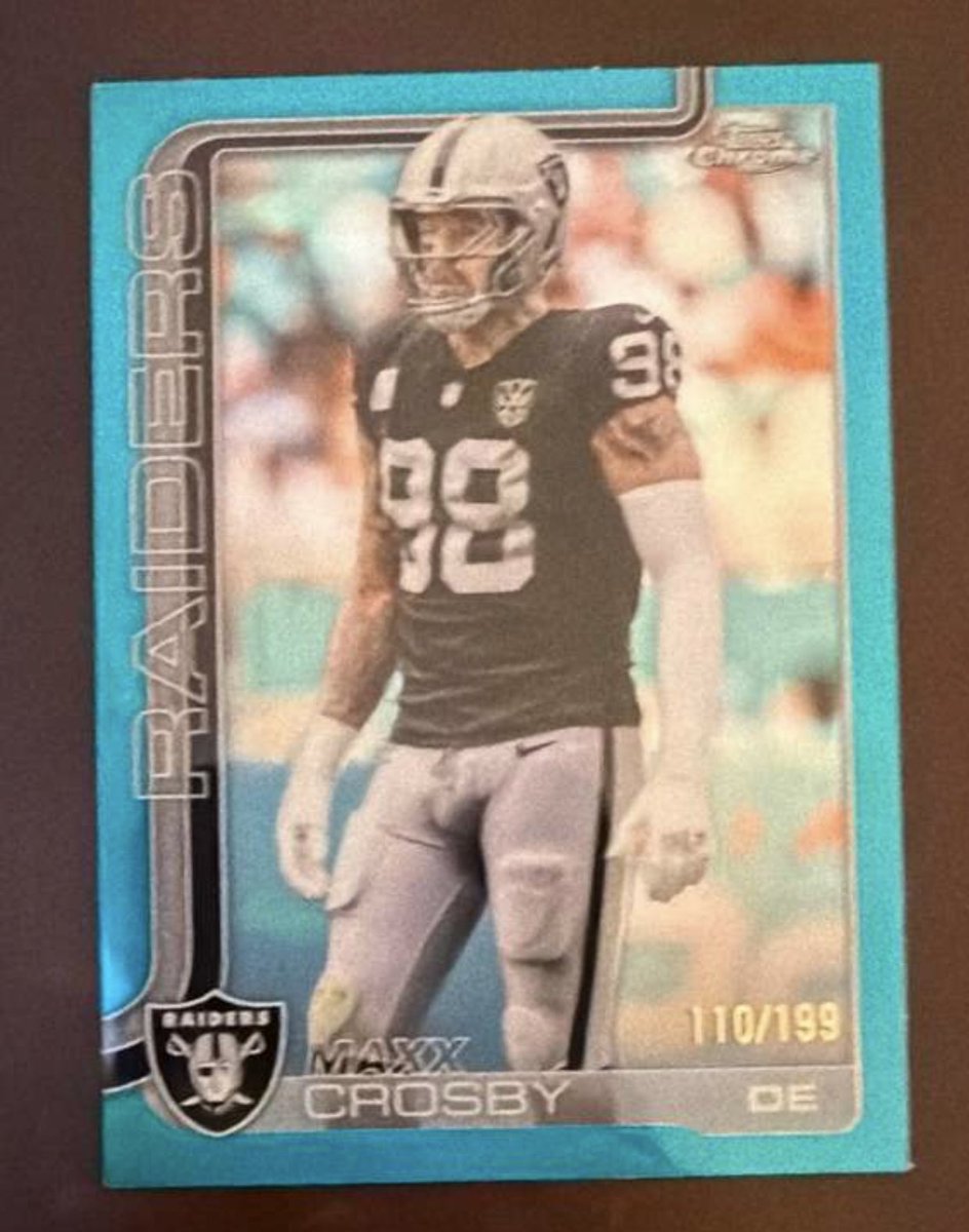 BlakesCards42's tweet photo. @RSJRsteel @SOMDBreakers 🏈 MAXX CROSBY 🏈

#180 Maxx Crosby 2025 Topps Chrome - Aqua Refractor #/199

💵 $7
✉️ $1 PWE | 📦 $5 BMWT
PayPal G&amp;S accepted, Venmo Available
DM or comment to claim! Open to offers, willing to stack! https://t.co/Ks3qzeBtVF