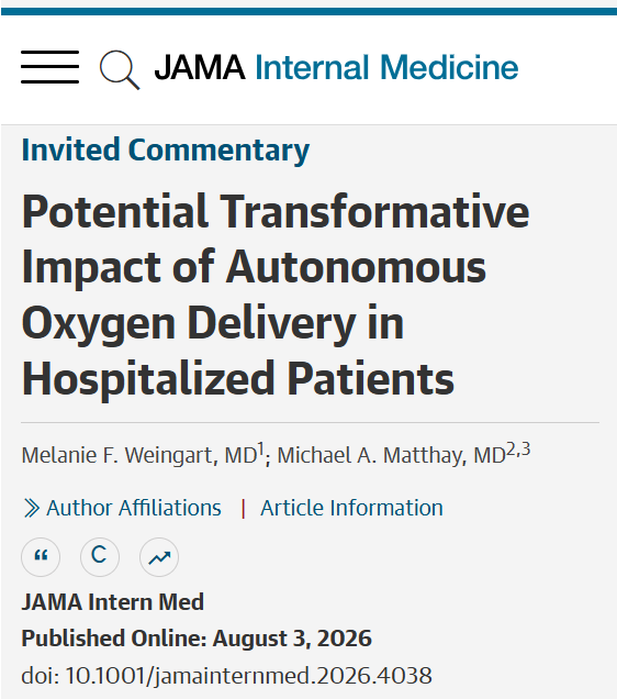 JAMAInternalMed's tweet photo. 💬 Invited Commentary: Autonomous #Oxygen titration in hospitalized patients with acute hypoxemic respiratory failure increased time in normoxemia to 85% vs 63% with usual care and reduced time in hypoxemia to 2.0% vs 3.6%. 

#MHSRS2026

https://t.co/zJ4vOOY0AN https://t.co/XoFTeiy33D