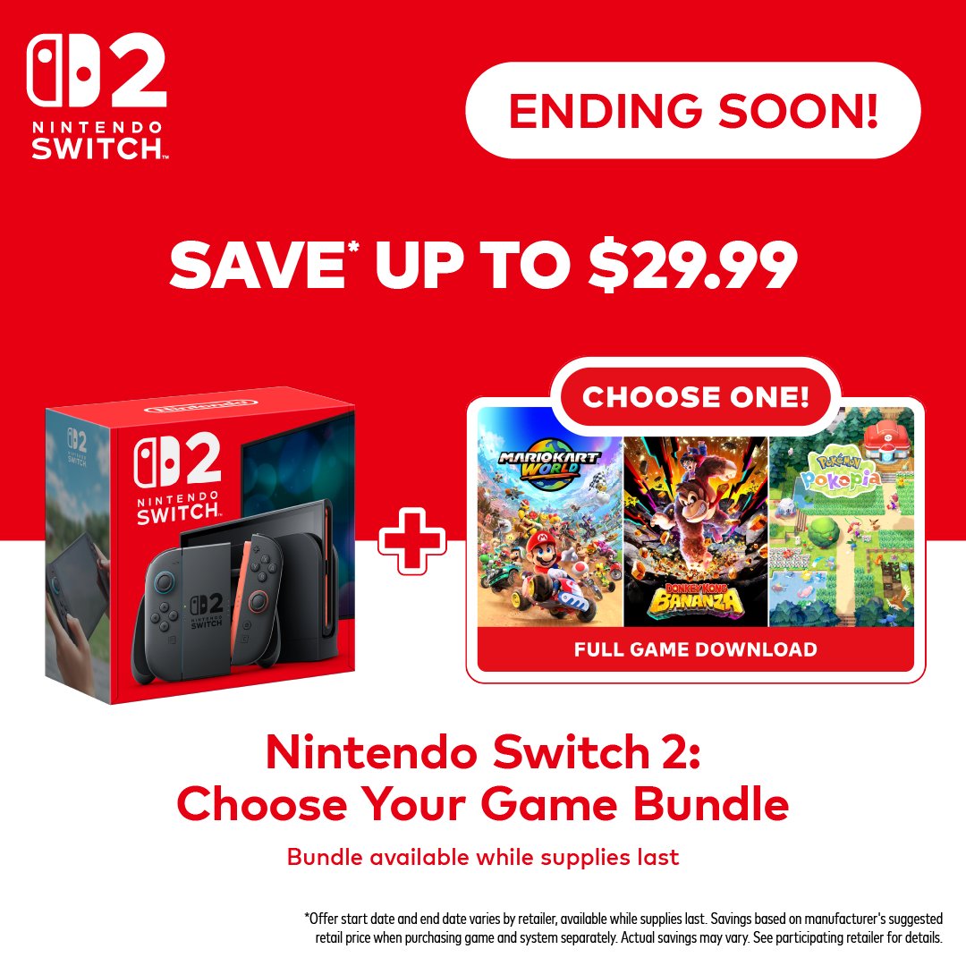 NintendoAmerica's tweet photo. Don’t miss the opportunity to kick off your next gaming adventure with a Nintendo Switch 2 + select game of your choice!

Buy now: https://t.co/n3k27kSKb4 https://t.co/dutARVmCBY