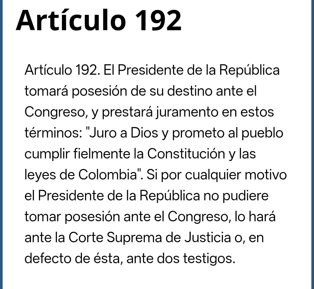 HELIODOPTERO's tweet photo. La traición de Espriella a dos patrias.
                        👇
Aquí están los dos juramentos infames, opuestos y gravísimos del “presidente” Abelardo de la Espriella. 

Con el primero ya juró, en febrero de 2023,  “lealtad absoluta a Estados Unidos”, por lo cual, dijo, “renuncio y abjuro absoluta y completamente toda lealtad y fidelidad a cualquier príncipe, potentado, estado o soberanía extranjera, de la cual o del cual haya sido hasta ahora súbdito”.

El segundo juramento, contrario totalmente al primero, deberá hacerlo el 7 de agosto venidero. Este, de acuerdo con el artículo 192 de la Constitución de Colombia, debe ser este:

“Juro a Dios y Prometo al pueblo cumplir fielmente la Constitución y las leyes de Colombia”.

No es la primera estafa ni el primer delito que comete Espriella en su larga vida delincuencial, pero si es el más grave de todos. 

Es claro que traicionará a Colombia o a Estados Unidos. O a los dos. 

Cometerá traición a dos patrias. 

Para los récor  Guinness