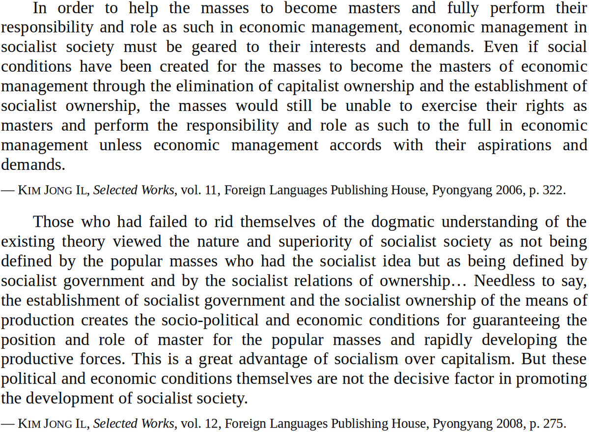 JucheMaxing's tweet photo. Western Maoists: “Juche revisionists mistake socialism for nationalizing everything.”

Kim Jong Il: Public ownership does not automatically make the masses the masters of economic management and is not the decisive factor of socialism. https://t.co/6kAigD7iZ1