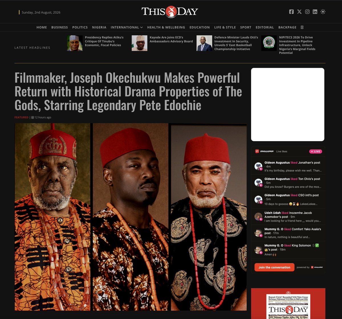 jcokechukwu's tweet photo. BREAKING: After an eight-year hiatus from filmmaking, acclaimed Nollywood actor, writer, director and producer Joseph Okechukwu also known as King Joe Okechukwu returns to the big screen with 'Properties of the Gods,' a sweeping historical drama set for nationwide theatrical release on September 4, 2026 with Nile Entertainment distributing the film across cinemas nationwide - ThisDay Live

https://t.co/NExSVetenn

The film features an ensemble cast that includes Pete Edochie, Joseph Okechukwu, Enyinna Nwigwe, Maria Chike Benjamin, Zack Orji, Hilda Dokubo, Elvina Ibru, Linc Edochie, Jennifer Eliogu, Obi Okoli, Ofia Mbaka and the late Onyeka Onwenu in one of her final screen performances. - Vanguard Nigeria. 

https://t.co/N1xRHGEEww

Distributed nationwide by Nile Entertainment, Properties of the Gods opens in cinemas across Nigeria on September 4,2026, with international screenings in Ghana, the United Kingdom, and other territories to follow. - The Sun Nigeria

https://t.co/SbTOPXMvgQ

Okechukwu, who became widely known for his role as Amadi in the Nollywood classic Alice My First Lady, described the project as one of the most ambitious of his career. - ThisDay/Vanguard/The Sun
