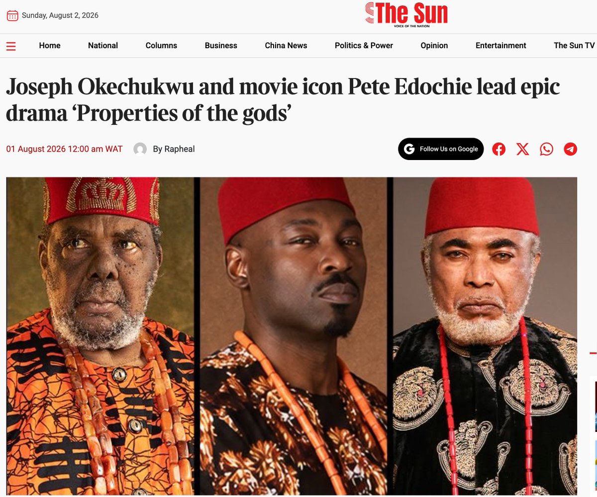 jcokechukwu's tweet photo. BREAKING: After an eight-year hiatus from filmmaking, acclaimed Nollywood actor, writer, director and producer Joseph Okechukwu also known as King Joe Okechukwu returns to the big screen with 'Properties of the Gods,' a sweeping historical drama set for nationwide theatrical release on September 4, 2026 with Nile Entertainment distributing the film across cinemas nationwide - ThisDay Live

https://t.co/NExSVetenn

The film features an ensemble cast that includes Pete Edochie, Joseph Okechukwu, Enyinna Nwigwe, Maria Chike Benjamin, Zack Orji, Hilda Dokubo, Elvina Ibru, Linc Edochie, Jennifer Eliogu, Obi Okoli, Ofia Mbaka and the late Onyeka Onwenu in one of her final screen performances. - Vanguard Nigeria. 

https://t.co/N1xRHGEEww

Distributed nationwide by Nile Entertainment, Properties of the Gods opens in cinemas across Nigeria on September 4,2026, with international screenings in Ghana, the United Kingdom, and other territories to follow. - The Sun Nigeria

https://t.co/SbTOPXMvgQ

Okechukwu, who became widely known for his role as Amadi in the Nollywood classic Alice My First Lady, described the project as one of the most ambitious of his career. - ThisDay/Vanguard/The Sun