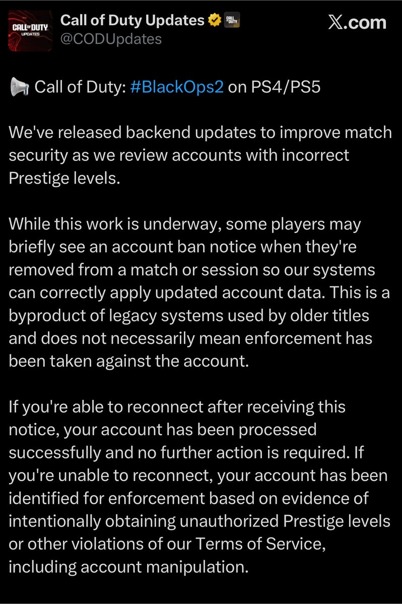 ModernWarzone's tweet photo. NEW BLACK OPS 2 PORT SECURITY UPDATE 🔒

Activision is reviewing accounts with incorrect prestige levels and taking enforcement actions against players who had evidence of them “intentionally obtaining unauthorized Prestige levels”. 

Players who have had action taken against their accounts may not be able to reconnect to servers.