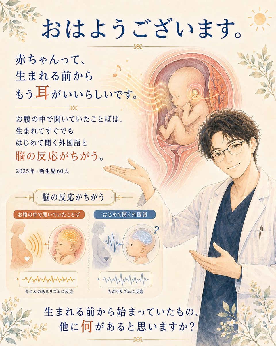 Ny_a_gi's tweet photo. おはようございます☀️

赤ちゃんって、生まれる前からもう耳がいいらしいです。

お腹の中にいるときからママの声で聞いてた外国語を、生まれてすぐの赤ちゃんに聞かせてみたら、初めて聞く外国語とは脳の反応が違ったという研究がありました(2025年、新生児60人)。

まだ何も分からないはずなのに、なんとなく「聞き覚えのある音」って、もう残ってるのかもしれません。

生まれる前から始まってたかもしれないもの、他に何があると思いますか？