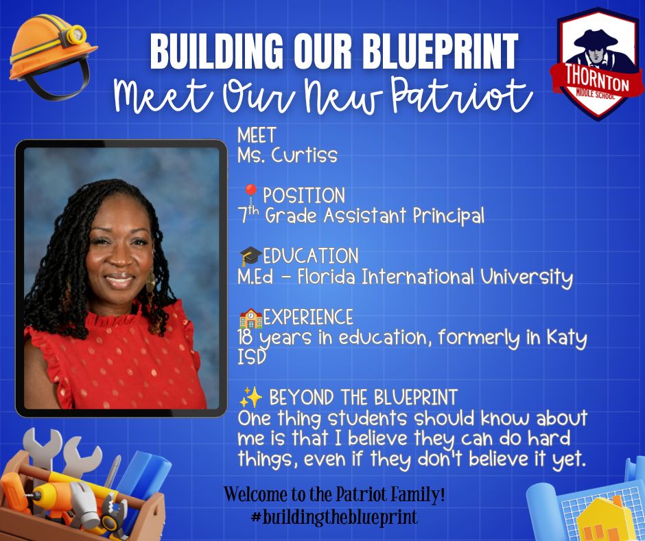 ThorntonCFISD's tweet photo. ❤️ BUILDING OUR BLUEPRINT 💙
Join us in welcoming Ms. Curtiss, our new 7th Grade Assistant Principal, to the Patriot Family! 🏗️
#BuildingTheBlueprint #TMSPatriots #CFISD #ThorntonMiddleSchool https://t.co/cXrnVUjTzm