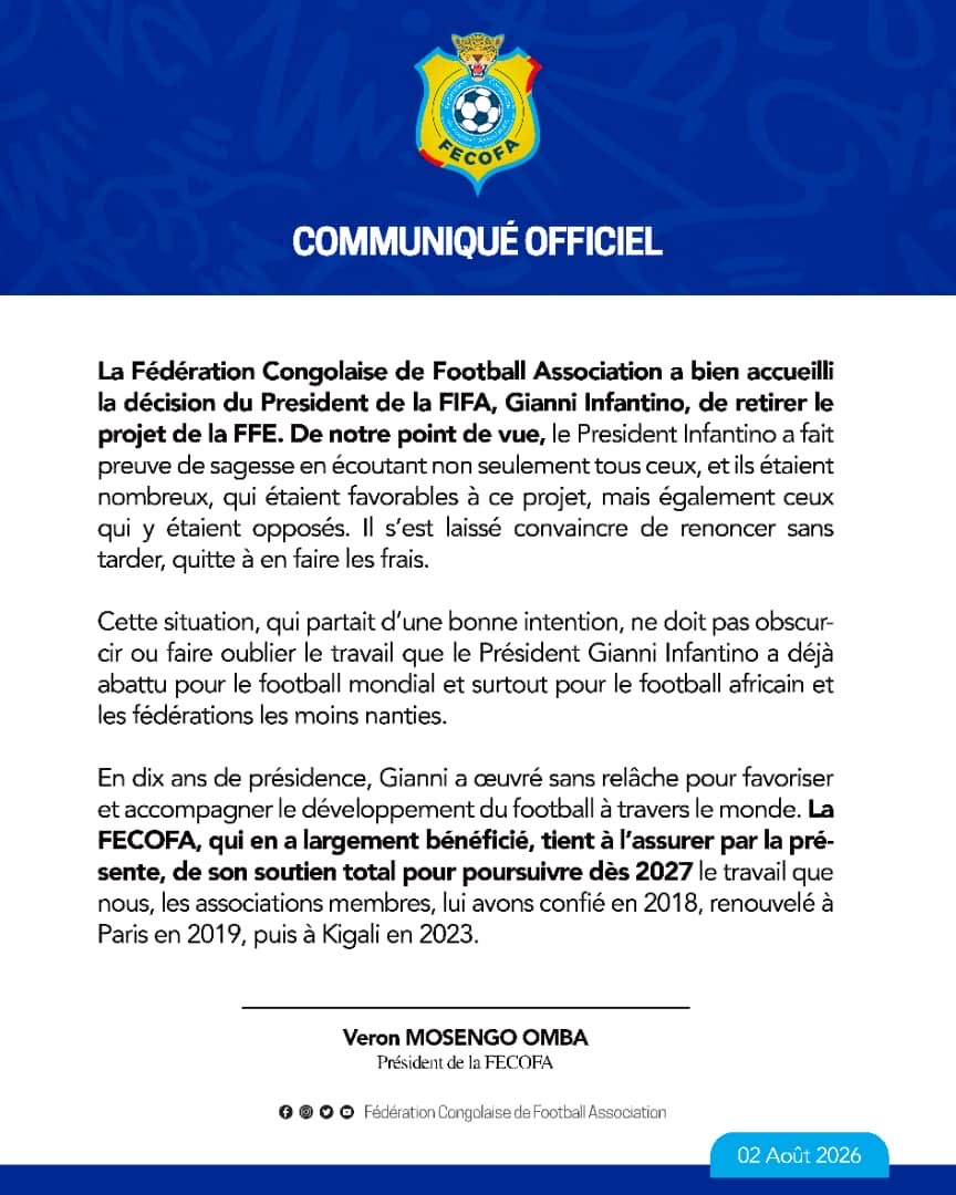 LKilume's tweet photo. La Fédération Congolaise de Football Association a bien accueilli la décision du President de la FIFA, Gianni Infantino, de retirer le projet de la FFE. https://t.co/1Sqk2qgp7X