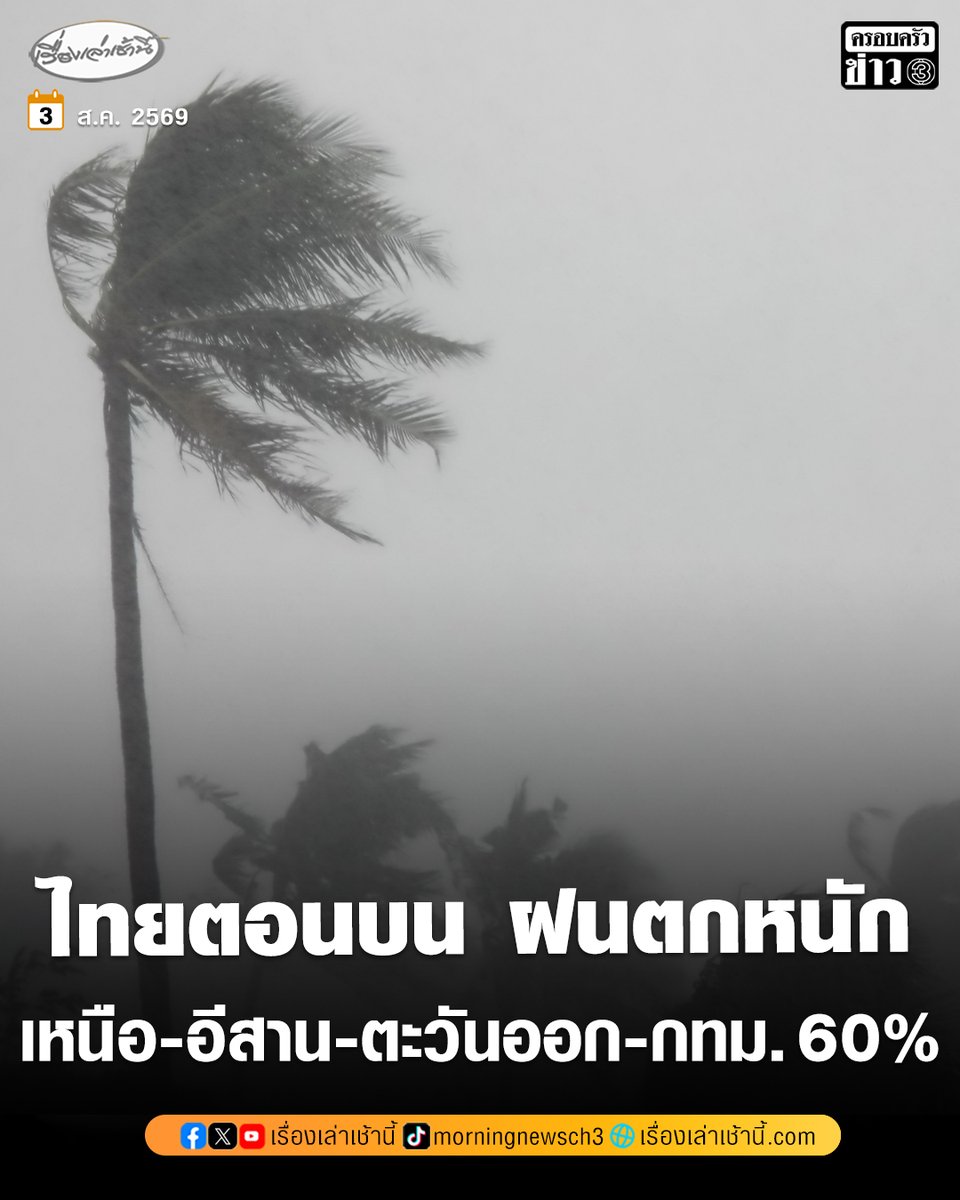 MorningNewsTV3's tweet photo. อุตุฯ เผยไทยตอนบน ยังมีฝนตกหนักบางแห่ง ภาคเหนือ-อีสาน-ตะวันออก และ กทม. เจอหนักสุด ร้อยละ 60 ของพื้นที่

อ่านข่าว : https://t.co/MzTzM6fyVG

#เรื่องเล่าเช้านี้ #ครอบครัวข่าว3 #ข่าวสังคม https://t.co/izwEQU7M0s