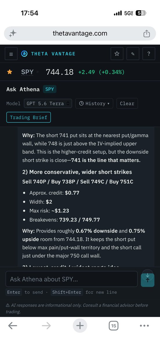 ThetaVantage's tweet photo. Do your tools have access to key market data to do this?

SPY Monday 0DTE iron condor ideas
SPY spot: 744.18 Expected move: 740.54–747.82, or ±0.49% Max pain: 740 Put/call OI ratio: 1.26 Key support: 741, then 740, then 739 Key resistance: 748, then 750, then 752 Primary expected range: 740–750
1Balanced, higher-credit setup
Sell 741 put Buy 739 put Sell 748 call Buy 750 call
Approximate credit: 0.98, or $98 per condor Spread width: 2 points Maximum risk: about 1.02, or $102 per condor Breakevens: 740.02 and 748.98
This works if SPY stays contained around the implied range. The main concern is that the 741 short put is very close to spot and is the key downside gamma/put-wall level. Avoid entering if SPY opens below 741 and cannot reclaim it.
2More conservative setup
Sell 740 put Buy 738 put Sell 749 call Buy 751 call
Approximate credit: 0.77, or $77 per condor Spread width: 2 points Maximum risk: about 1.23, or $123 per condor Breakevens: 739.23 and 749.77
This is the preferred middle-ground idea. The put side is below the 741 support area and near 740 max pain, while the 749 call is just below the major 750 call wall.
3Widest-range, lower-credit setup
Sell 739 put Buy 737 put Sell 750 call Buy 752 call
Approximate credit: 0.57, or $57 per condor Spread width: 2 points Maximum risk: about 1.43, or $143 per condor Breakevens: 738.43 and 750.57
This is a range/pin trade targeting containment between the 741 put wall and 750 call wall. The credit is relatively light, so only use it if Monday’s opening option premiums improve.
Monday outlook
The near-term bias is neutral to slightly bullish as long as SPY holds 741. Multi-timeframe technicals lean bullish, but daily and 4-hour market structure remain corrective. That makes 740–750 a reasonable range thesis, but not a reason to ignore a directional breakout.
Options volatility is low: 7-day IV is 11.34%, with IV rank at 11.6 and IV percentile at 5.4. Premium is cheap relative to the past 90 days, so 0DTE condors have less cushion if realized movement expands.
Management levels
Below 741: downside risk increases; watch 740 and then 739. Above 748: upside pressure is building toward 750. Above 750: the call side becomes vulnerable; 752 is the next major options level. For a 2-point-wide condor, consider reducing or closing if the position value reaches roughly 1.5–2.0 times the credit received, rather than holding through a clean short-strike break.
Best balance of range and credit: sell 740P/buy 738P and sell 749C/buy 751C.