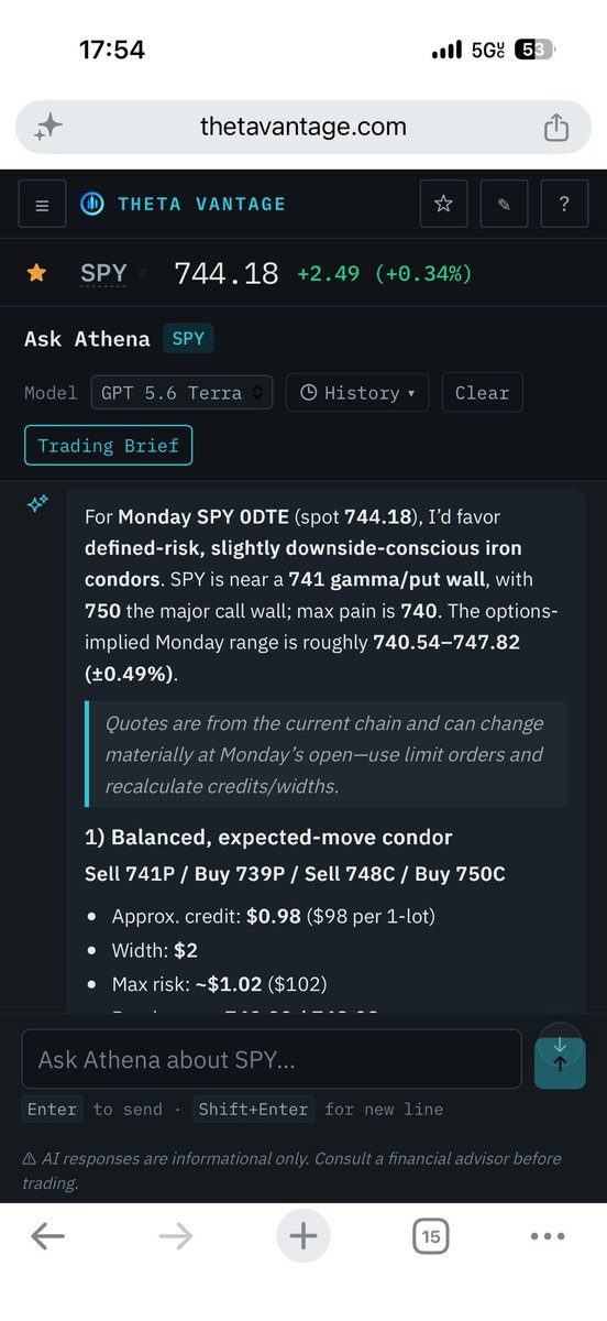 ThetaVantage's tweet photo. Do your tools have access to key market data to do this?

SPY Monday 0DTE iron condor ideas
SPY spot: 744.18 Expected move: 740.54–747.82, or ±0.49% Max pain: 740 Put/call OI ratio: 1.26 Key support: 741, then 740, then 739 Key resistance: 748, then 750, then 752 Primary expected range: 740–750
1Balanced, higher-credit setup
Sell 741 put Buy 739 put Sell 748 call Buy 750 call
Approximate credit: 0.98, or $98 per condor Spread width: 2 points Maximum risk: about 1.02, or $102 per condor Breakevens: 740.02 and 748.98
This works if SPY stays contained around the implied range. The main concern is that the 741 short put is very close to spot and is the key downside gamma/put-wall level. Avoid entering if SPY opens below 741 and cannot reclaim it.
2More conservative setup
Sell 740 put Buy 738 put Sell 749 call Buy 751 call
Approximate credit: 0.77, or $77 per condor Spread width: 2 points Maximum risk: about 1.23, or $123 per condor Breakevens: 739.23 and 749.77
This is the preferred middle-ground idea. The put side is below the 741 support area and near 740 max pain, while the 749 call is just below the major 750 call wall.
3Widest-range, lower-credit setup
Sell 739 put Buy 737 put Sell 750 call Buy 752 call
Approximate credit: 0.57, or $57 per condor Spread width: 2 points Maximum risk: about 1.43, or $143 per condor Breakevens: 738.43 and 750.57
This is a range/pin trade targeting containment between the 741 put wall and 750 call wall. The credit is relatively light, so only use it if Monday’s opening option premiums improve.
Monday outlook
The near-term bias is neutral to slightly bullish as long as SPY holds 741. Multi-timeframe technicals lean bullish, but daily and 4-hour market structure remain corrective. That makes 740–750 a reasonable range thesis, but not a reason to ignore a directional breakout.
Options volatility is low: 7-day IV is 11.34%, with IV rank at 11.6 and IV percentile at 5.4. Premium is cheap relative to the past 90 days, so 0DTE condors have less cushion if realized movement expands.
Management levels
Below 741: downside risk increases; watch 740 and then 739. Above 748: upside pressure is building toward 750. Above 750: the call side becomes vulnerable; 752 is the next major options level. For a 2-point-wide condor, consider reducing or closing if the position value reaches roughly 1.5–2.0 times the credit received, rather than holding through a clean short-strike break.
Best balance of range and credit: sell 740P/buy 738P and sell 749C/buy 751C.
