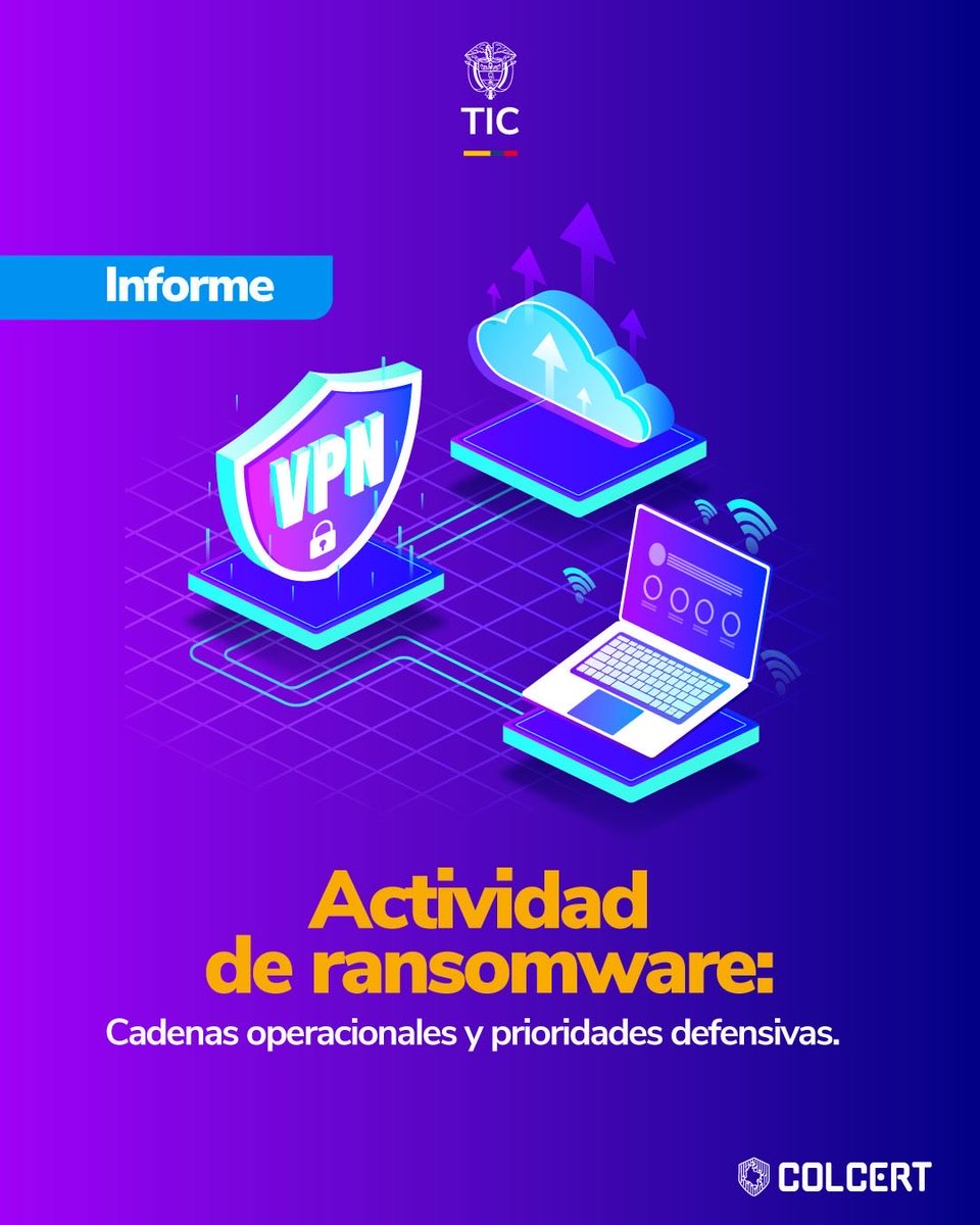 colCERT's tweet photo. Nuevo Informe de Inteligencia de Amenazas del #ColCERT. 📣El análisis evidencia que el riesgo por ransomware en Colombia se mantiene ALTO e identifica los principales actores, sectores afectados y vectores de compromiso. 📲 https://t.co/Ck9vl8JHuH
#MásPreparados #MinTIC https://t.co/iGmTTW9y68
