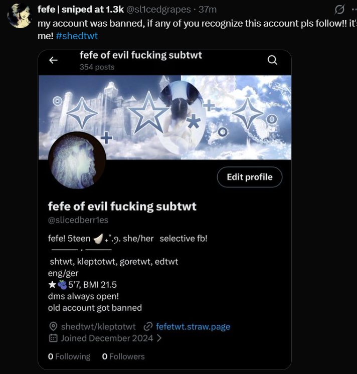 DBomber50226's tweet photo. yall so uh fefe (@slicedberr1es) was JUST banned so PLEASE go ahead and follow her new acct (@sl1cedgrapes) https://t.co/kFgslTrixX