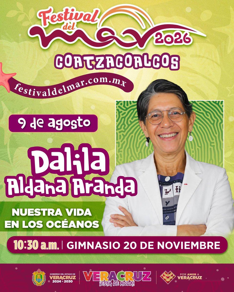 VerSEDESOL's tweet photo. Coatzacoalcos está listo para el Festival del Mar 2026.

Este 9 de agosto, asiste a la charla "Nuestra vida en los océanos"🌊 con la bióloga Dalila Aldana Aranda.

📍Gimnasio 20 de Noviembre | 🕥10:30 a. m.
¡Ven y descubre más la riqueza de nuestros mares!🐚

#VeracruzEstáDeModa https://t.co/FFypG18bbw