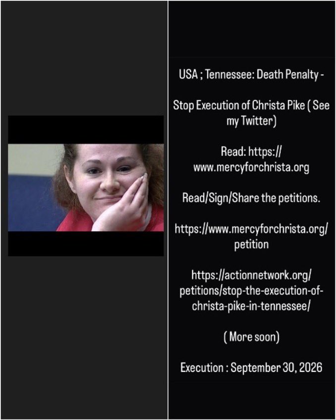 Attika_t's tweet photo. #Tennessee

Stop Execution of #ChristaPike ( See my Twitter)

Read: https://t.co/YWMwjvfuBQ

Read/Sign/Share the petitions.

https://t.co/9WwQKvhnF9

https://t.co/s0HeOnMYx2

( More soon)

Execution : September 30, 2026

@GovBillLee https://t.co/ed04lC0yak
