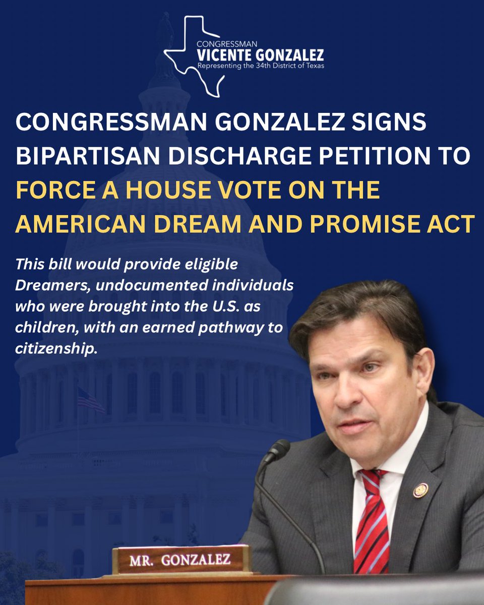 RepGonzalez's tweet photo. This Administration is using hyperaggressive ICE raids to detain and deport hardworking medical professionals, nuns, construction and hospitality workers, DACA recipients, and more who are simply pursuing a better future for themselves and their families.

I signed a bipartisan discharge petition to force a House vote on the American Dream and Promise Act, which would provide eligible Dreamers an earned pathway to citizenship.

These individuals make significant contributions to our communities and have done everything the law has asked of them. Permanent protections are long overdue.