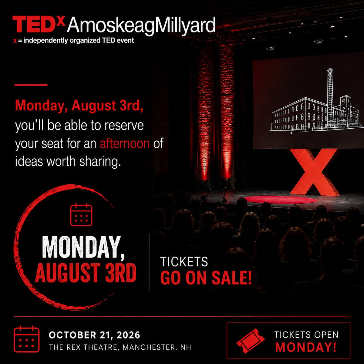 tedxamoskeag's tweet photo. 💥✨️ MONDAY: Tickets go live tomorrow, August 3rd. Be ready when sales open.
#TEDxAM #TEDx #Spark #IdeasWorthSpreading https://t.co/NyfT3cmF8e