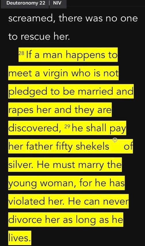 ZinLau's tweet photo. @MannsterRick @Jvnior You were so sure your Bible had no violence. So fucking justify this craziness 

Why the hell the victim gets to marry her rapist??? Why??? What the hell is this?
 
You are defending this? You fucking retard? https://t.co/7mcWoYDBkN