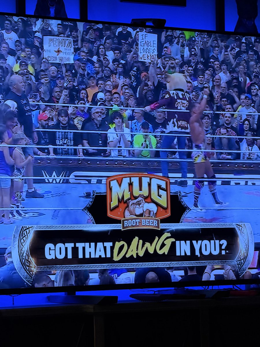 NYEnforcer's tweet photo. “Hey listen, we just had a real, meaningful, authentic moment with Chad Gable. It’ll probably get replayed for decades.”

“Send in the fucking Root Beer dog. Immediately.”

#Summerslam https://t.co/Llu9dz0KcO