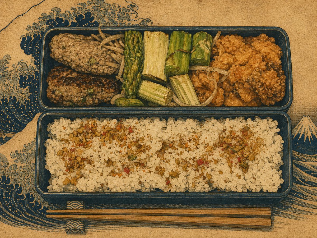 korakuyoshi's tweet photo. 今日のお弁当、浮世絵風 https://t.co/7TT8GiblBZ