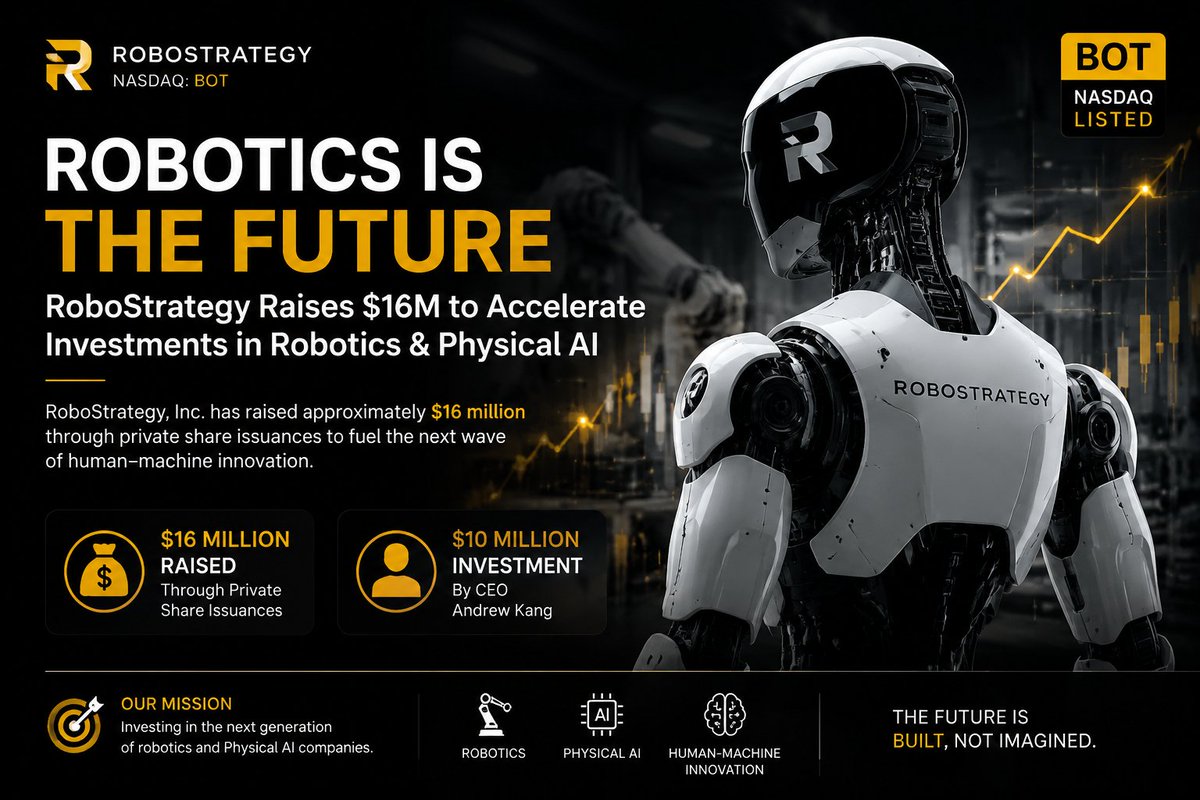 Behroozroo's tweet photo. 🚨 $BOT | RoboStrategy

RoboStrategy has raised approximately $16M, including a $10M investment from CEO Andrew Kang.

The capital will accelerate investments in next-gen Robotics &amp; Physical AI companies. 🤖📈

#BOT #RoboStrategy #AI #Robotics #PhysicalAI https://t.co/qGPxpHZfZq
