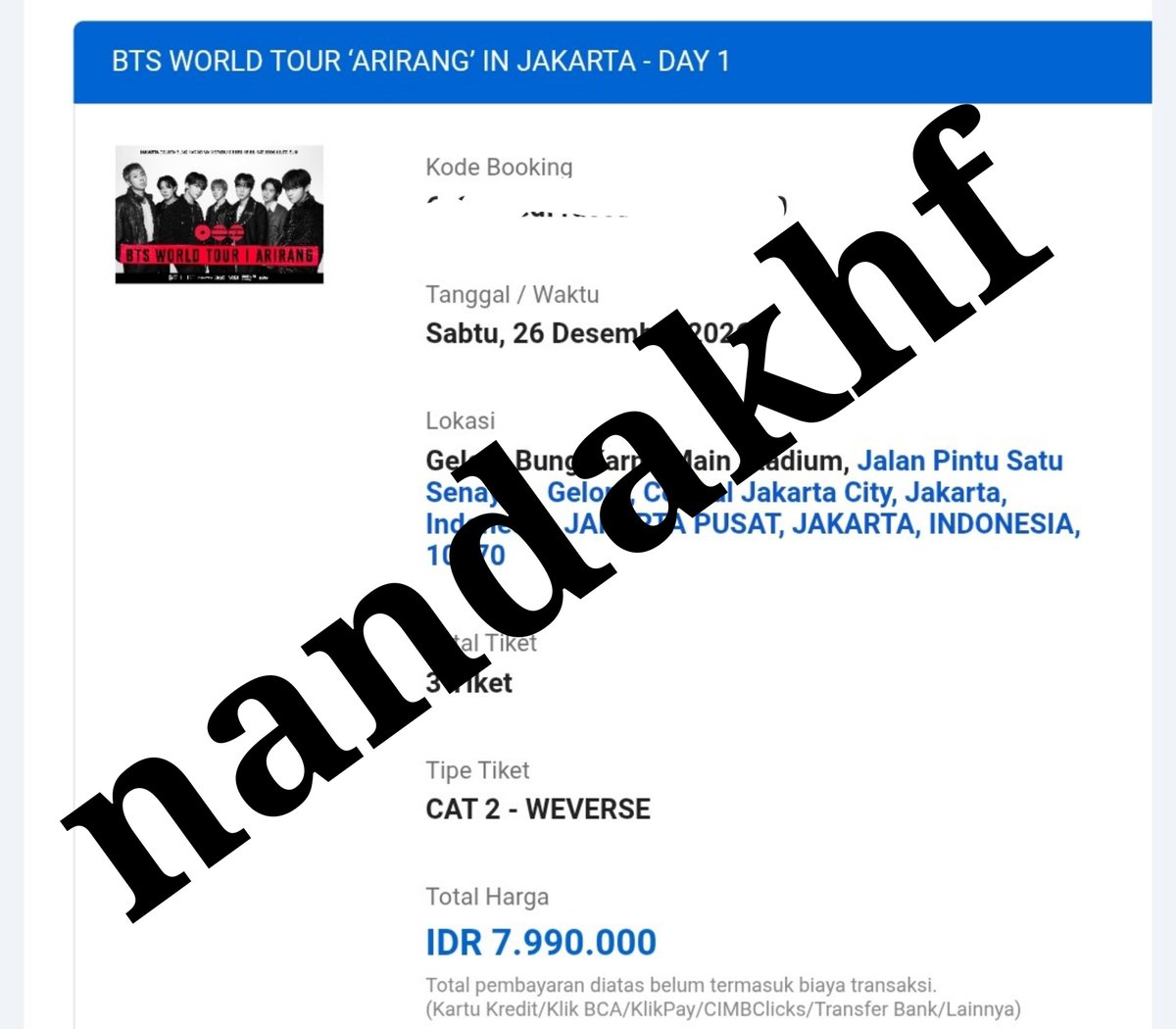 Nandakhf's tweet photo. WTS BTS ARIRANG JAKARTA

Cat 2 day 1 (3 tix)

• weverse presale, qn war 5k secure di menit pertama
• dm offer max budget kalian

slow &amp; selective (prio army)‼️

semoga berjodoh, goodluck💜

t. sale jual jkt world tour 2026 tiket konser ina Indonesia https://t.co/BBwNmHqX6F
