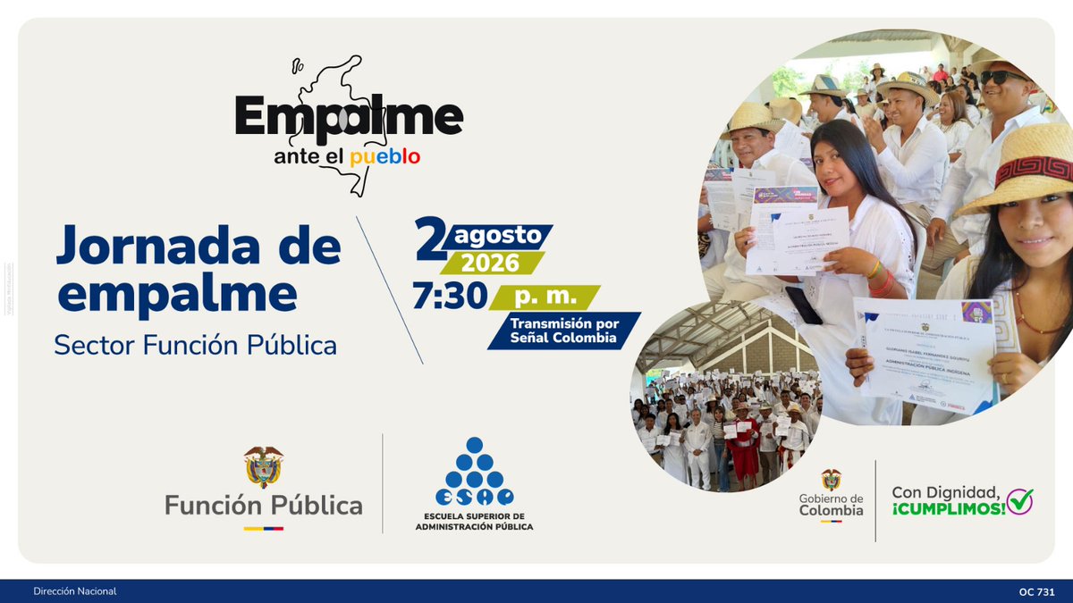 DAFP_COLOMBIA's tweet photo. #AEstaHora iniciamos el Empalme Sectorial 2026 del Sector Función Pública, liderado por @DAFP_COLOMBIA, y su entidad adscrita, la ESAP.
Conéctate a la transmisión de este #EmpalmeAnteElPueblo 
Etiquetar: Función Pública, Presidencia y ESAP, según desde donde se publique. https://t.co/vEbq28xe0M