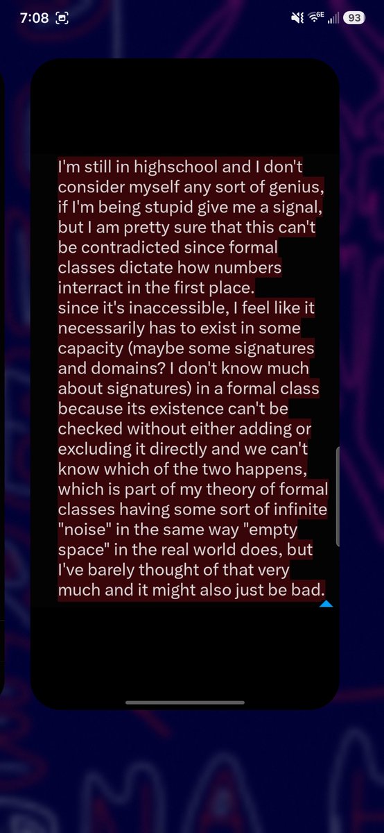 devour_dot_lol's tweet photo. I was thinking of absolute infinity, as in cantor's concept of it, and I figured a ceiling to all numbers wouldn't normally be possible for obvious reasons, but declaring it in the formal class of the universal proper class might make it work.
{x ∈ v | n < x}
{x ∈ v | x ≠ n} https://t.co/78WnE4YUkV