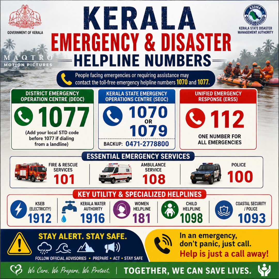 maqtropictures's tweet photo. Kerala Emergency and Disaster Helpline Numbers ‼️‼️
#Kerala #KeralaEmergency #EmergencyHelpline #StaySafe #DisasterManagement #KSDMA #FloodSafety #EmergencyPreparedness #EmergencyResponse  #maqtromotionpictures #maqtrostudios #maqtrodigital #maqtrorelease #lajumathewjoy https://t.co/NGlvHp8FqN