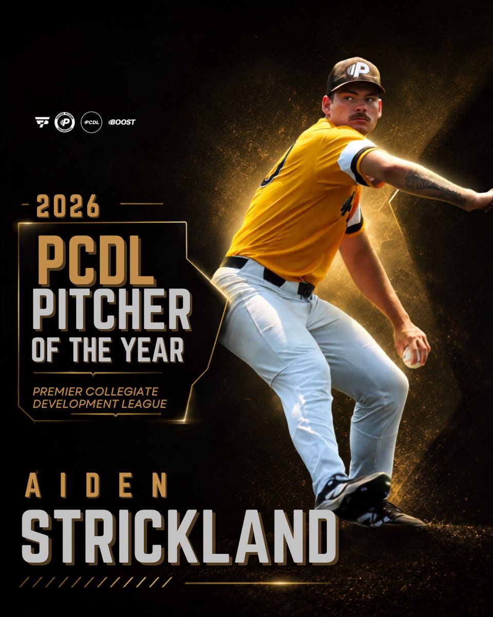 premierpitching's tweet photo. 2026 PCDL Pitcher of the Year: Aiden Strickland 🏆

Dominance on the mound. Consistency in the biggest moments. A competitor every time he took the baseball.

Throughout the summer, Aiden separated himself as one of the premier arms in the league, setting the tone with his ability to attack the zone, execute pitches, and lead his team when it mattered most.

The PCDL is built to challenge players in competition and a high-level training environment Aiden rose to that challenge all summer long. His performance earned him the title of the 2026 PCDL Pitcher of the Year, voted on by the PCDL coaching staff. 

Congratulations, Aiden, on an incredible summer and a well-deserved honor. The future is bright. ⚾️🔥

#DominateTheZone

@PCDL_bsb | @AidenStricklan8