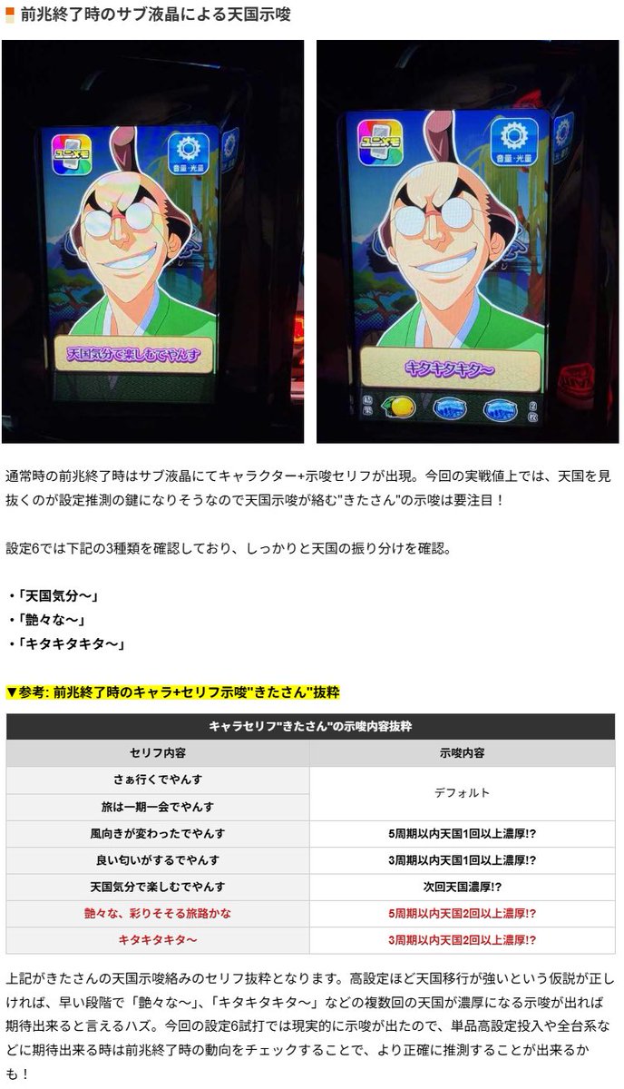 Tsubasa_slog's tweet photo. 【考察記事】やじきた道中記参る！
https://t.co/M9RIdTLSR6

✅通常時: まいるテーブルに注目！
実戦上、設定6では天国濃厚となる振り分けが53.9%を占める形に！
通常Aから直で天国へ移行するなどの挙動は要注目かも!?

きたさんのセリフ示唆でしっかりと見抜いて推測していきましょう！

✅直撃AT(勝率100%関所チャレンジ), 関頂アタック
高設定ほど、上記2点が優遇される可能性が高そう。
今回の試打ではレア役契機と思われる勝率100％関所チャレンジは未確認。

✅AT終了画面
茜ちゃん(高設定示唆)の出現に要注目！
また、現状判明している3つの画面以外が出現する可能性も…！？

その他、詳細は記事内にて！