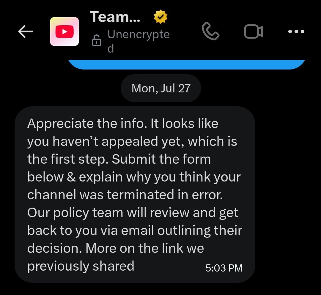Nobody1526736's tweet photo. @TeamYouTube @TeamYouTube c'mon bro what's this response, I told you I have read all the policies carefully and I believe that this decision is incorrect https://t.co/mmhb8v0Dxc