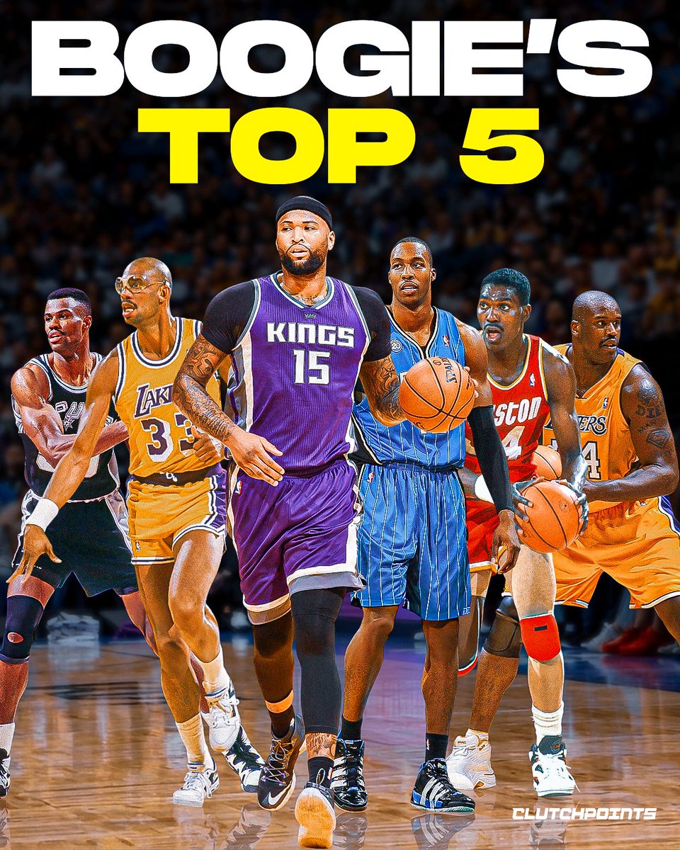 ClutchPointsNBA's tweet photo. DeMarcus Cousins revealed his top 5 NBA centers of all time on the Run It Back livestream:

Shaquille O’Neal
Hakeem Olajuwon
Kareem Abdul-Jabbar
David Robinson
Dwight Howard

“My personal top five… I don’t really care what y’all think.” https://t.co/hZbi6NhT17