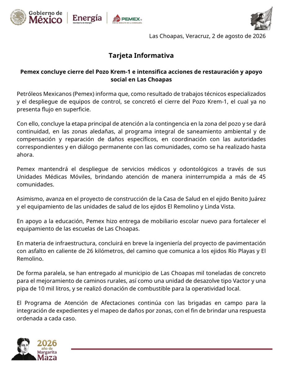 MLopezSanMartin's tweet photo. Después de casi cinco meses de contingencia, Pemex cierra el pozo Krem-1 

Desastre heredado por Víctor Rodríguez 

Anuncian pavimentación, mobiliario escolar y apoyos sociales 

¿Y el exdirector de Pemex no dará la cara ni se hará responsable por el daño ambiental y las afectaciones denunciadas por habitantes de Las Choapas?