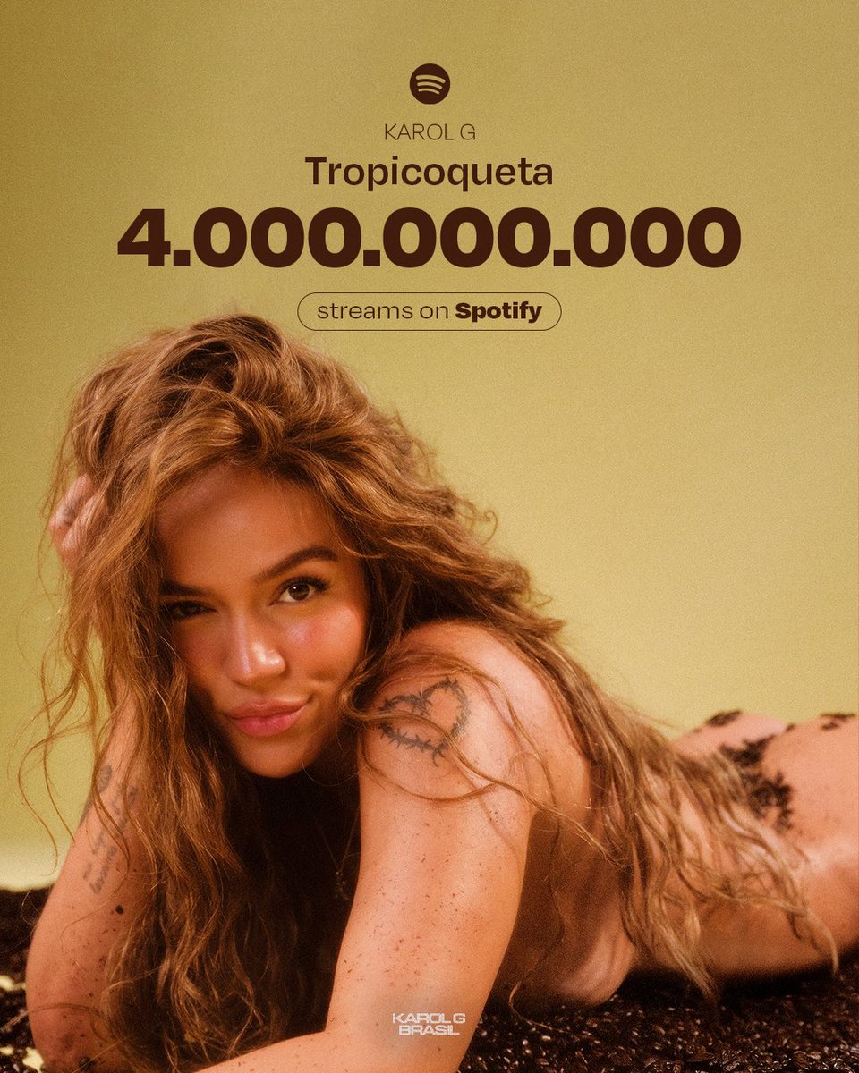 KarolGBRA's tweet photo. HITOU! “Tropicoqueta”, de KAROL G, ultrapassou 4 BILHÕES de streams no Spotify, sendo o quarto álbum dela a atingir tal marca. https://t.co/ijqsONJSY3