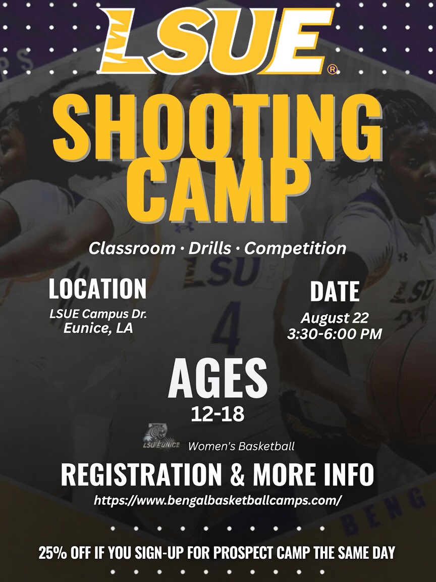 Coach_Beckmann's tweet photo. 🏀 SHOOTING CAMP at LSU EUNICE 🐯🏆🏆 SIGN-UP: https://t.co/AZJb4zfALq

CLASSROOM | DRILLS | COMPETITION - Increase those Shooting %’s for the Upcoming Basketball Season 🏀🔥📈📈 with training from this year’s LSU-E Coaches & Players!

25% OFF IF YOU SIGN-UP FOR PROSPECT CAMP THE SAME DAY. MUST SIGN-UP FOR BOTH TOGETHER 🏀

August 22 | 3:30PM-6:00PM | AGES 12-18 | at LSU Eunice in Eunice, Louisiana | Home of the Back-to-Back Conference Champions 🏆🏆 #FullGeaux 💜💛 #AllGeauxNeauxBrakes

EMAIL QUESTIONS | Head Coach Rob Beckmann | rbeckman@lsue.edu